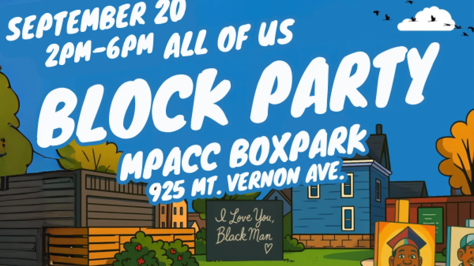 All of Us Block Party Flyer, event from 2pm-6pm at 925 Mt Vernon Ave